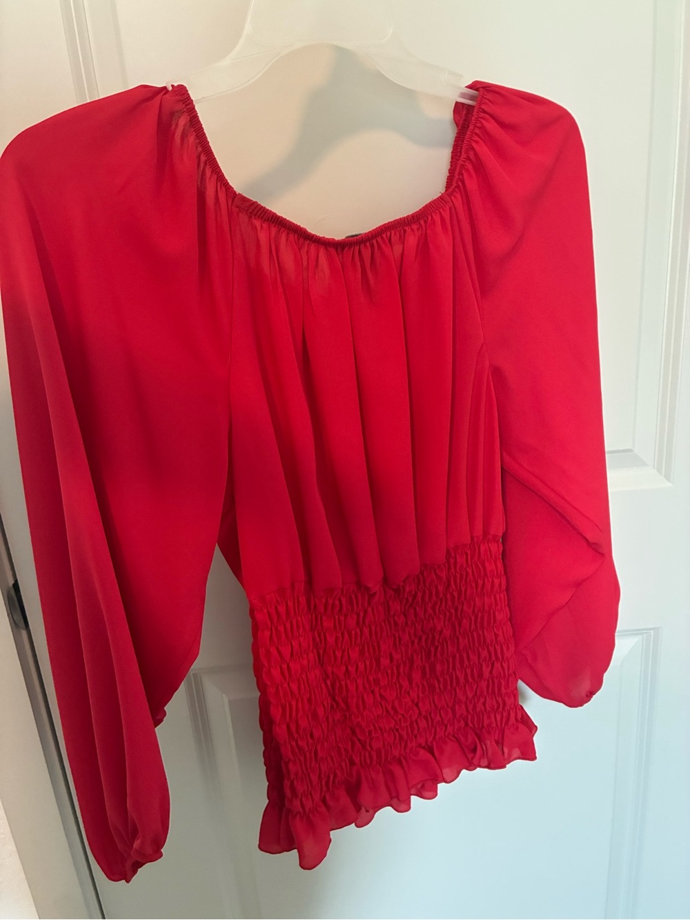 Ashley Stewart Red Smocked Waist Blouse 10/12 NWT